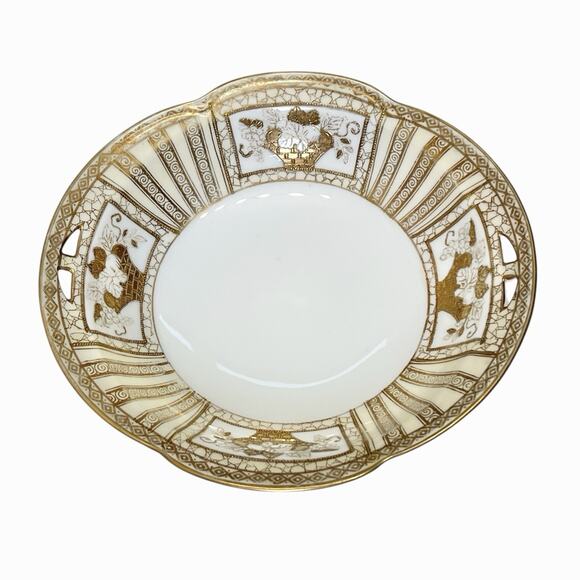 Vintage Noritake Oval Vegetable Bowl Metallic Gold White Leaves 8” Diameter - Picture 3 of 8